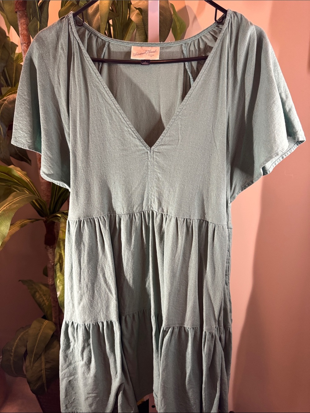 Sage Green V-Neck Tiered Women's dress, size L, worn once. Linen feel.